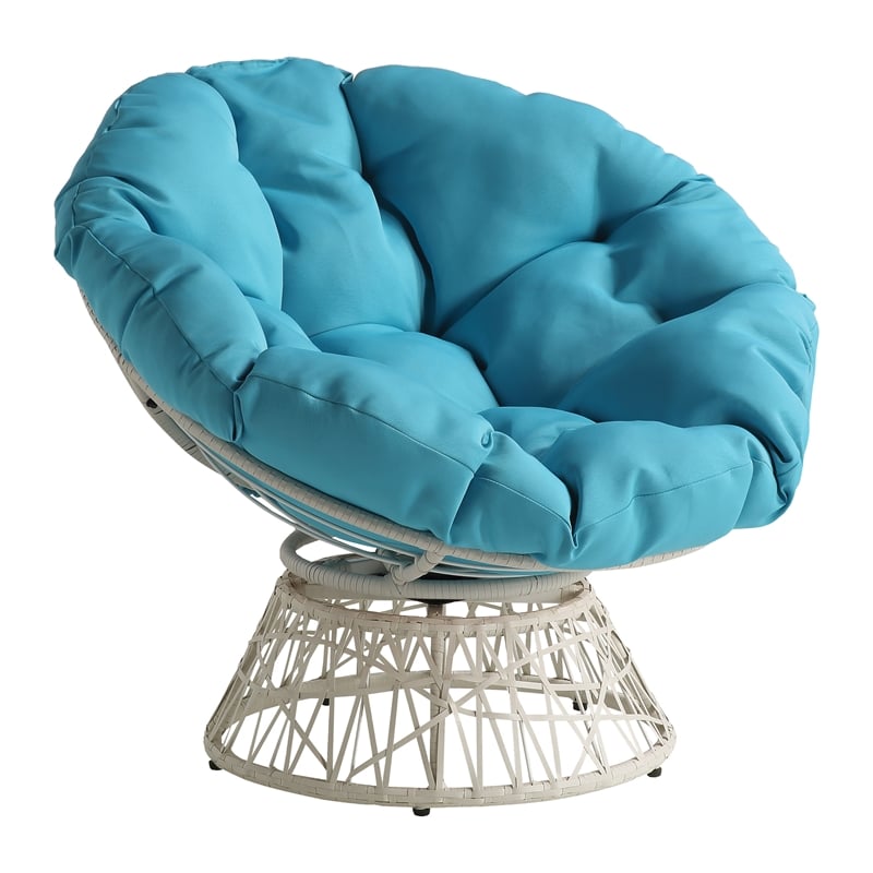Papasan Chair with Blue Round Fabric Pillow Cushion and Cream Wicker Weave