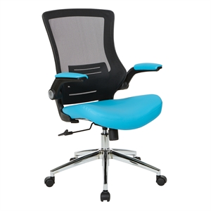 black screen back manager's chair with blue faux leather seat