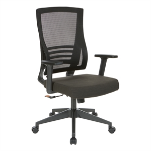 vertical mesh back chair in black frame with black linen fabric seat