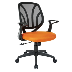 screen back chair with orange mesh flip arms and silver accents