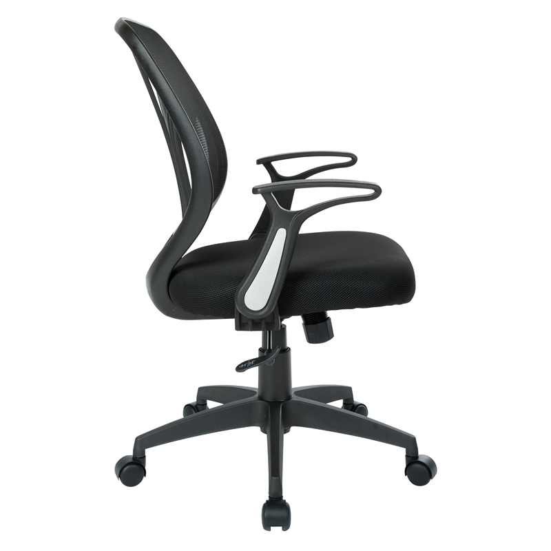 Screen Back Chair with Black Mesh Flip Arms and Silver Accents