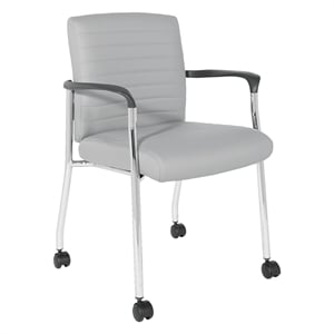 guest chair in gray faux leather with chrome frame