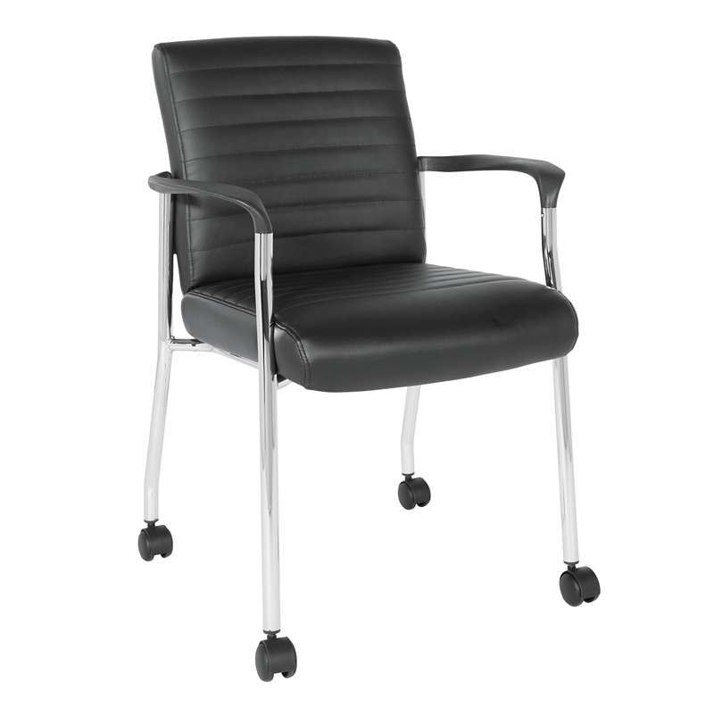 Guest Chair in Black Faux Leather with Chrome Frame and Casters