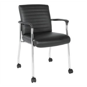 guest chair in black faux leather with chrome frame and casters