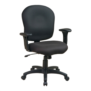 task chair in black fabric with saddle seat and adjustable soft padded arms