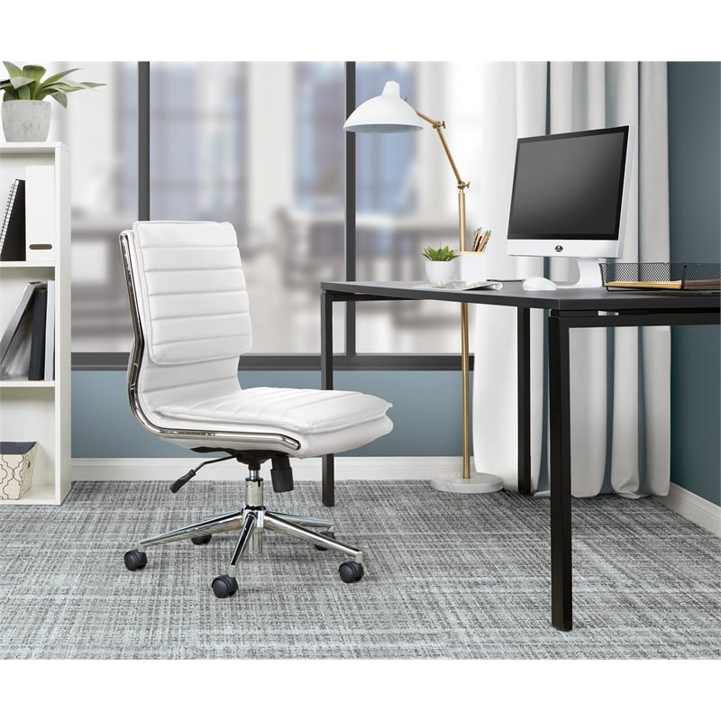 Armless Mid Back Manager's Faux Leather Chair in White with Chrome Base