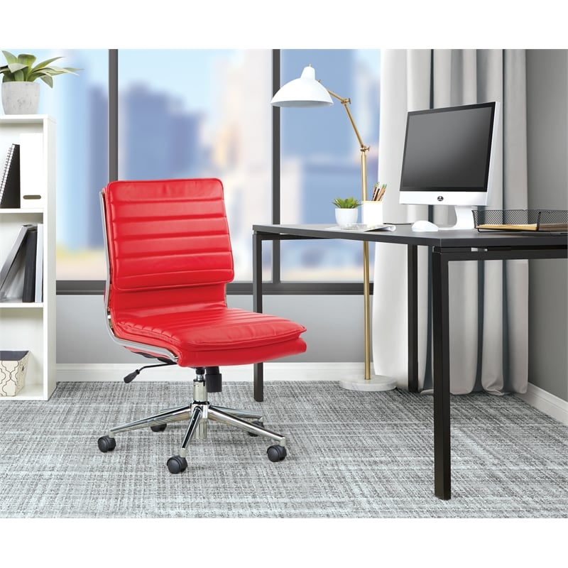 Armless Mid Back Manager's Faux Leather Chair in Red with Chrome Base