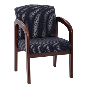 visitor's chair in blue fabric with cherry finish wood and thick padded seat