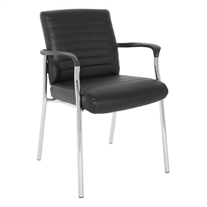 guest chair in black faux leather with chrome frame