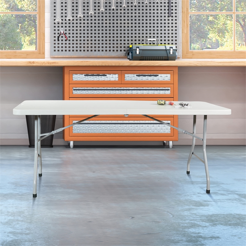 6' Resin Rectangular Multi Purpose Center Fold Table in Gray