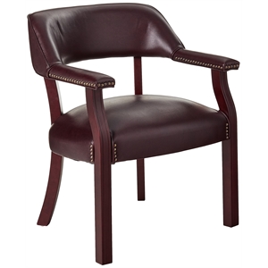 Traditional Guest Chair in Oxblood Red Vinyl and Mahogany Wood