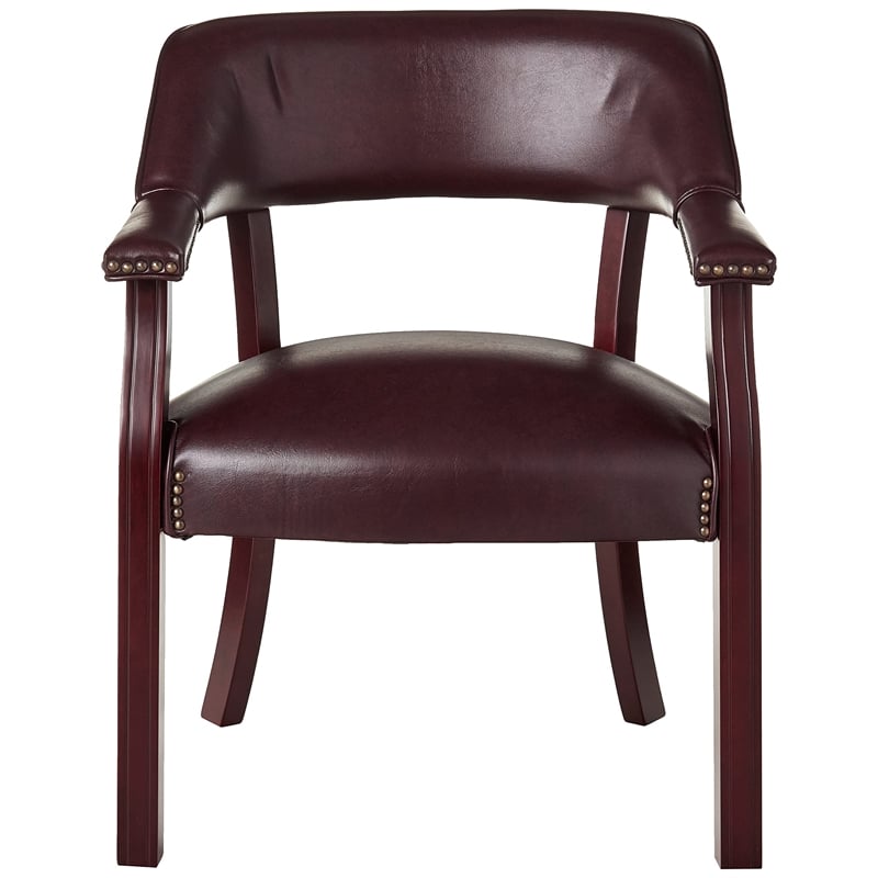 Traditional Guest Chair in Oxblood Red Vinyl and Mahogany Wood