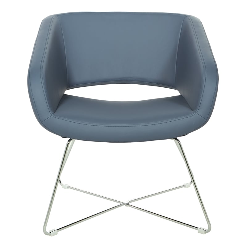 Lounge Chair in Blue Faux Leather with Chrome Base