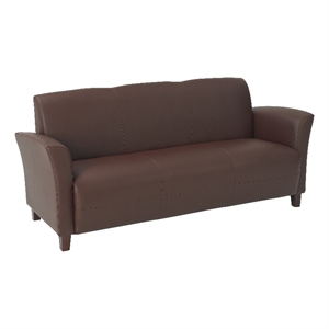 wine bonded leather sofa with cherry finish legs
