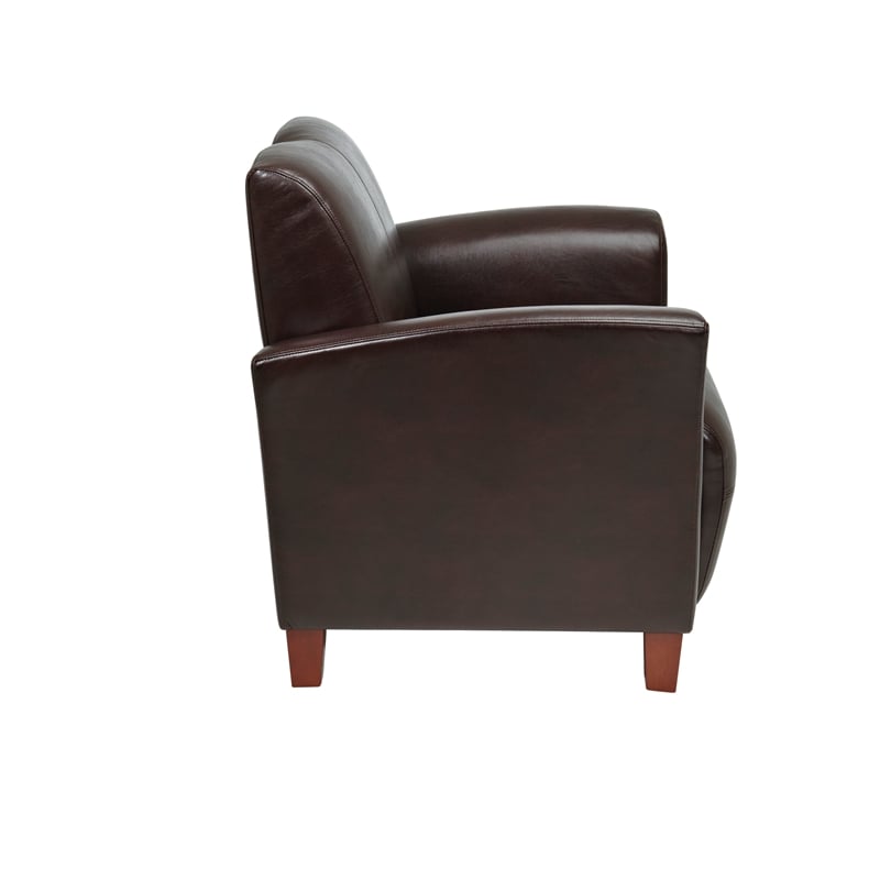 Breeze Club Chair in Mocha Brown Faux Leather with Cherry Finish Legs