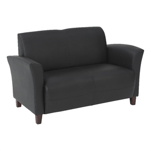 breeze love seat in black faux leather with cherry finish