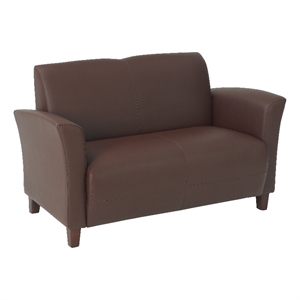 breeze loveseat in wine red faux leather with cherry finish legs