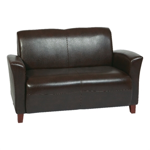 breeze love seat in mocha brown faux leather with cherry finish legs