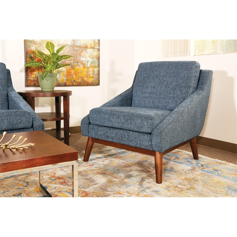 Mid-Century Club Chair in Navy Fabric with Coffee Finish Legs