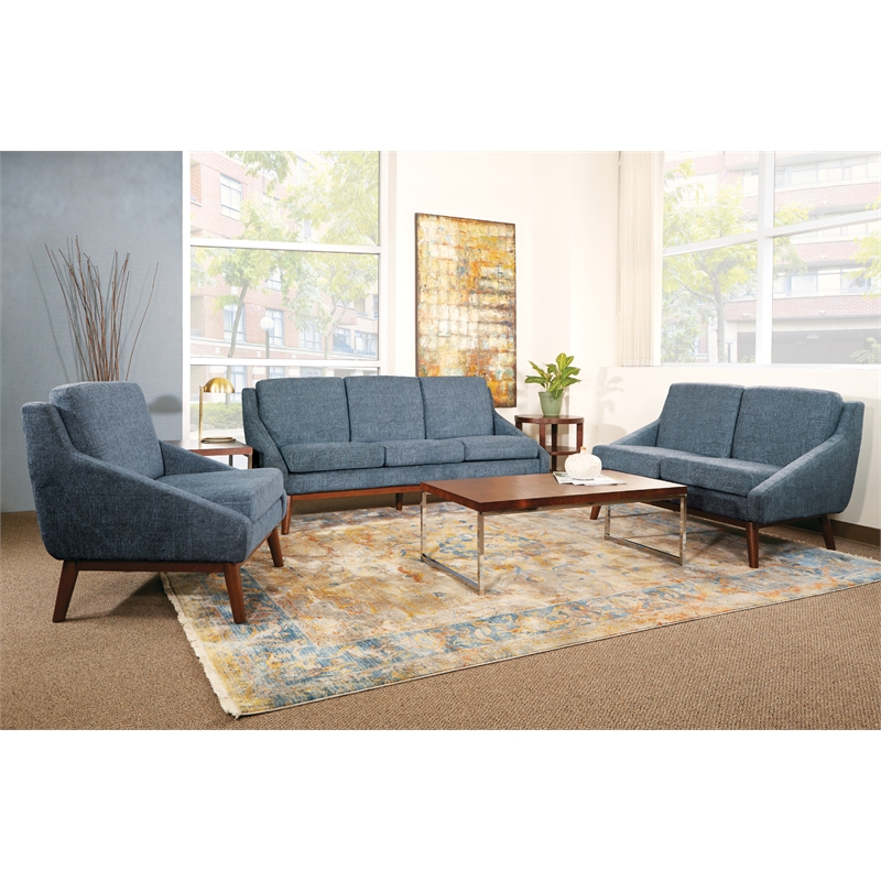 Mid-Century Club Chair in Navy Fabric with Coffee Finish Legs