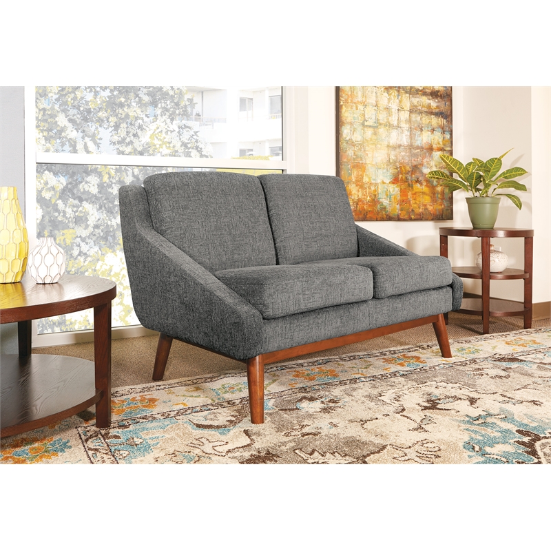 Mid-Century Loveseat in Charcoal Fabric with Coffee Finish Legs