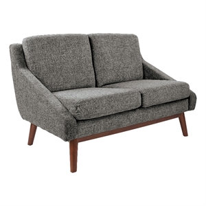 mid-century loveseat in charcoal fabric with coffee finish legs