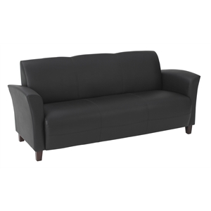 black bonded leather sofa with cherry finish legs