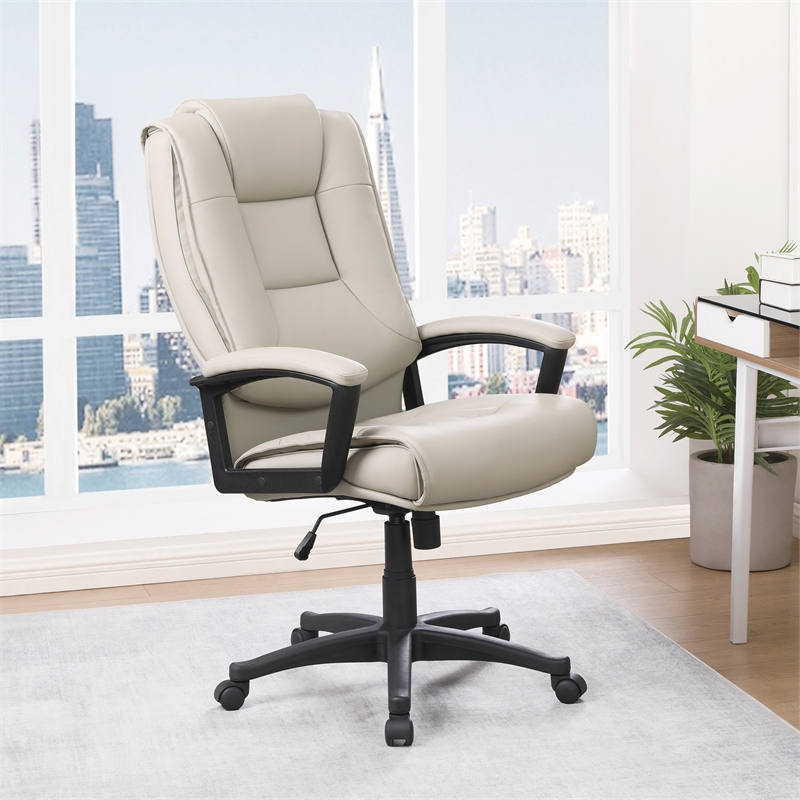 High Back Taupe Gray Bonded Leather Chair with Padded Loop Arms