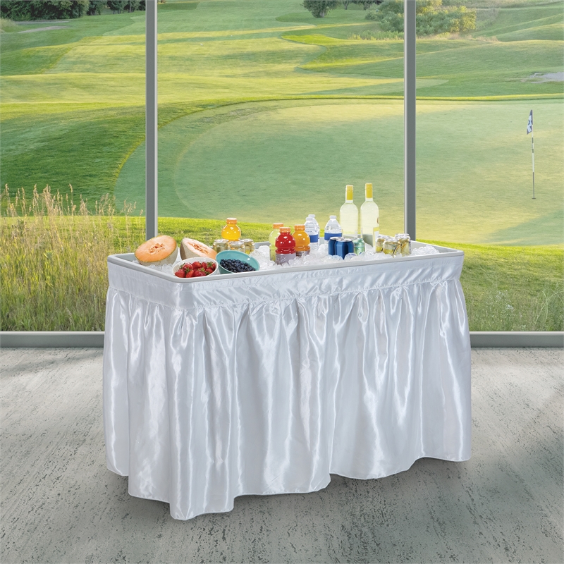 Folding Beverage Ice Cooler Table in Resin with Sateen removable skirt