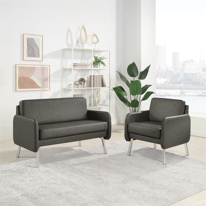 Lounge Loveseat in Smoke Faux Leather with Chrome Legs