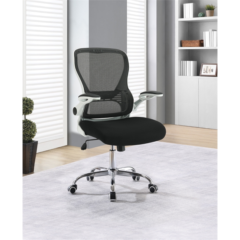 Black Mesh Back with Black Fabric Seat on White Frame and Chrome Base