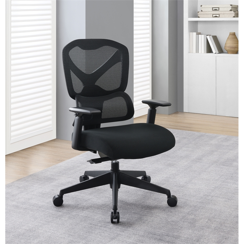 High Back in Black Mesh and Black Fabric Seat with Adjustable Arms