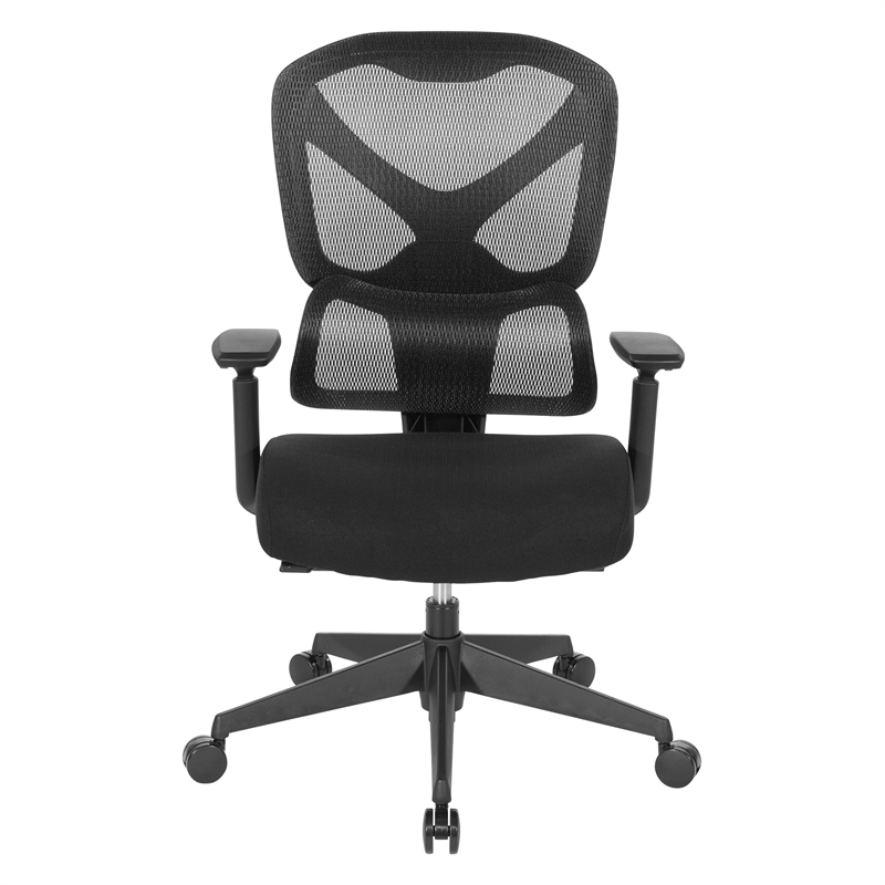 High Back in Black Mesh and Black Fabric Seat with Adjustable Arms