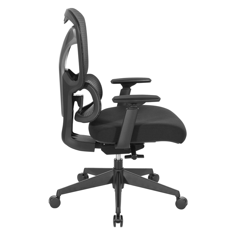 High Back in Black Mesh and Black Fabric Seat with Adjustable Arms