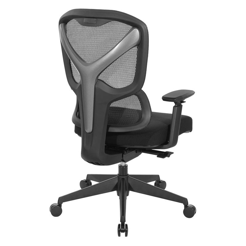 High Back in Black Mesh and Black Fabric Seat with Adjustable Arms