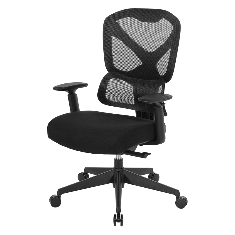High Back in Black Mesh and Black Fabric Seat with Adjustable Arms
