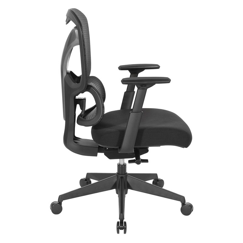 High Back in Black Mesh and Black Fabric Seat with Adjustable Arms