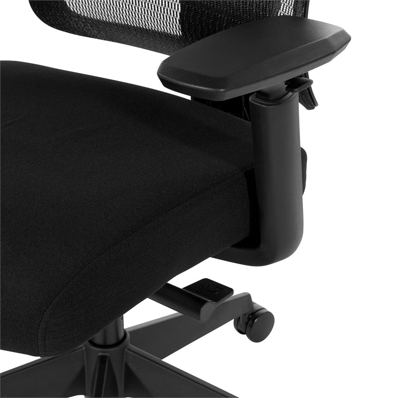 High Back in Black Mesh and Black Fabric Seat with Adjustable Arms