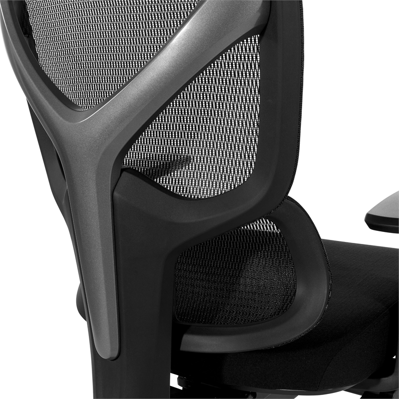 High Back in Black Mesh and Black Fabric Seat with Adjustable Arms