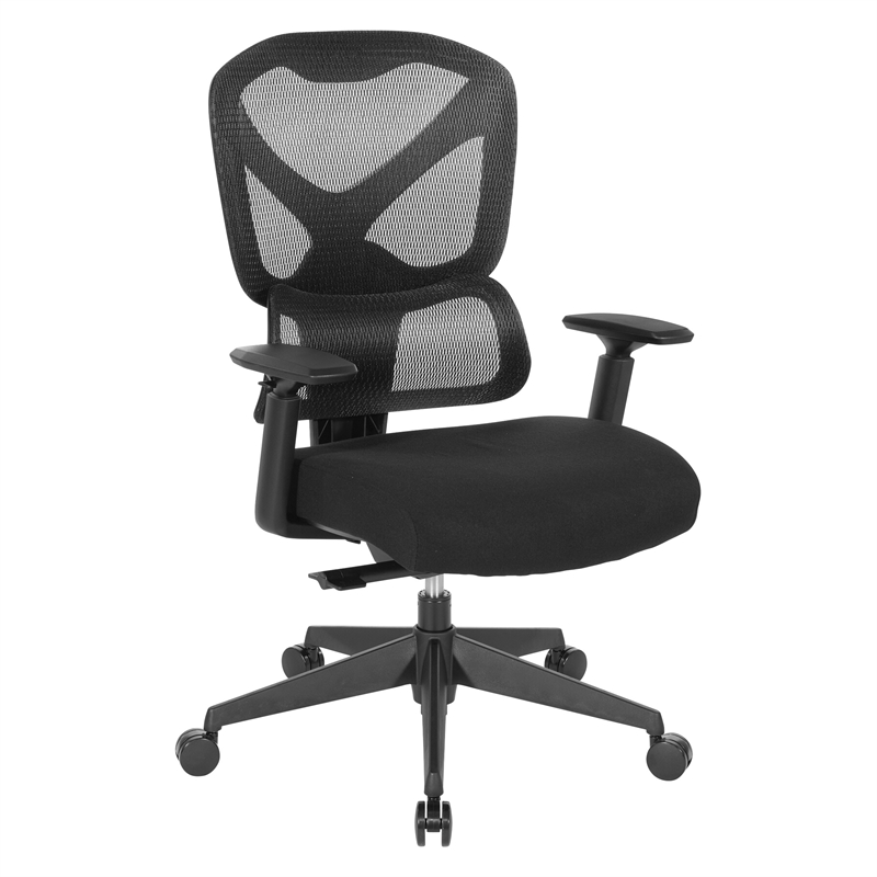 High Back in Black Mesh and Black Fabric Seat with Adjustable Arms