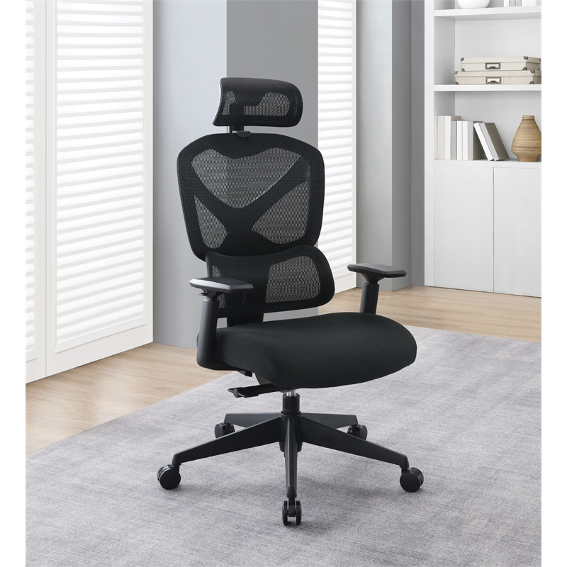 High Back in Black Mesh and Black Fabric Seat with Adjustable Arms