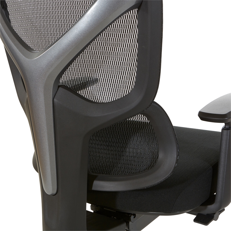 High Back in Black Mesh and Black Fabric Seat with Adjustable Arms