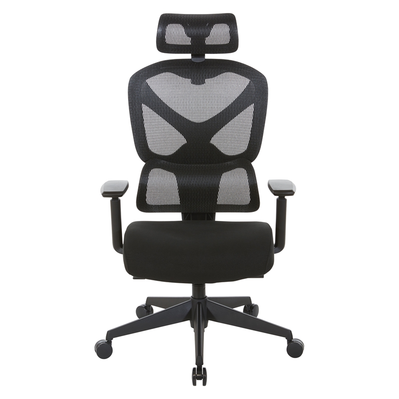 High Back in Black Mesh and Black Fabric Seat with Adjustable Arms