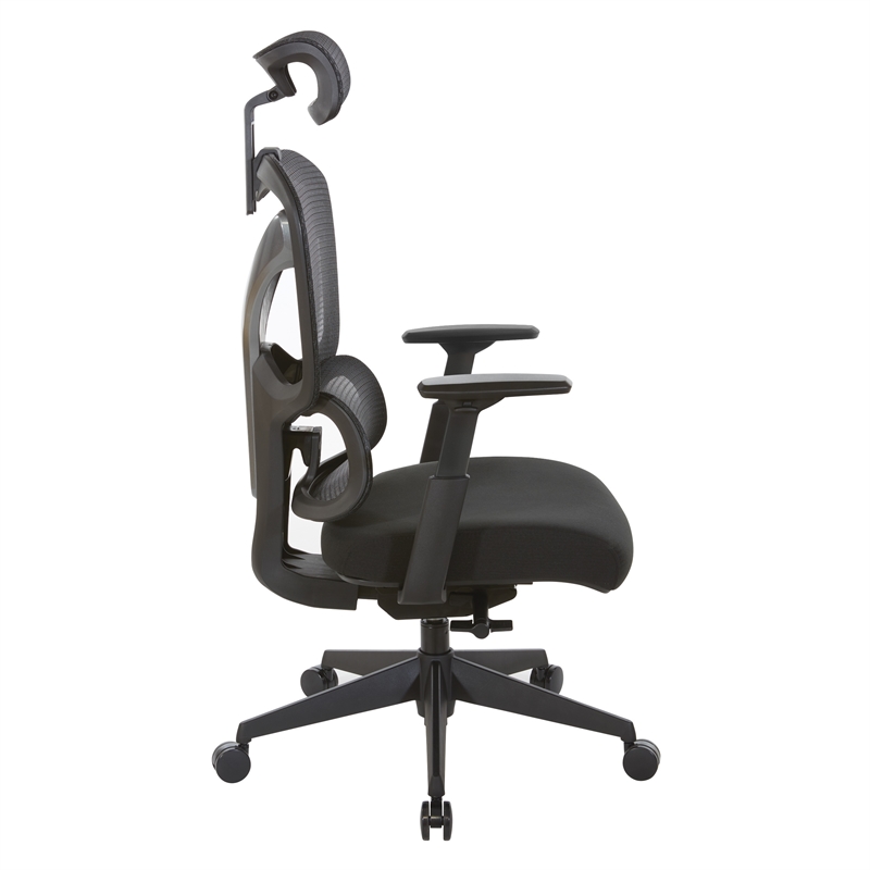 High Back in Black Mesh and Black Fabric Seat with Adjustable Arms