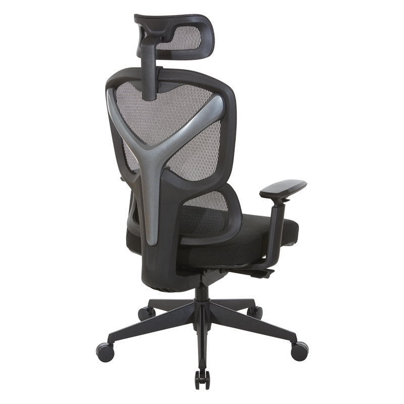 High Back in Black Mesh and Black Fabric Seat with Adjustable Arms