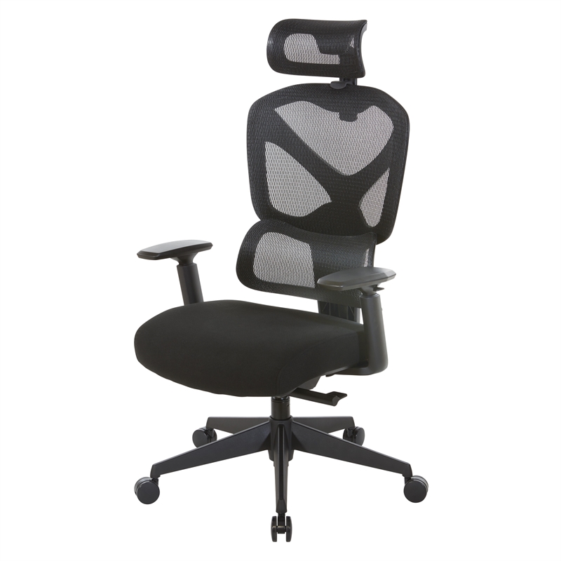 High Back in Black Mesh and Black Fabric Seat with Adjustable Arms