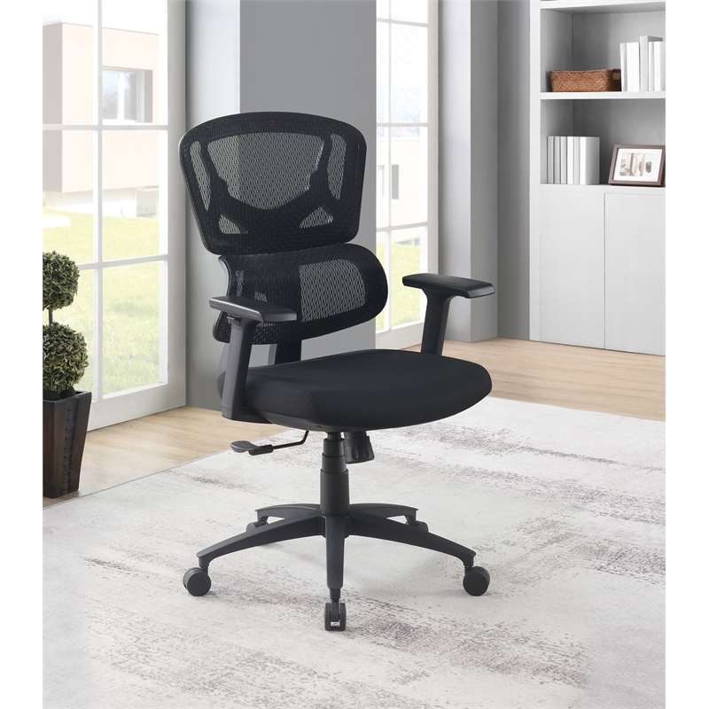 Black Mesh Back with Black Fabric Seat and Adjustable Arms on Black Nylon Base