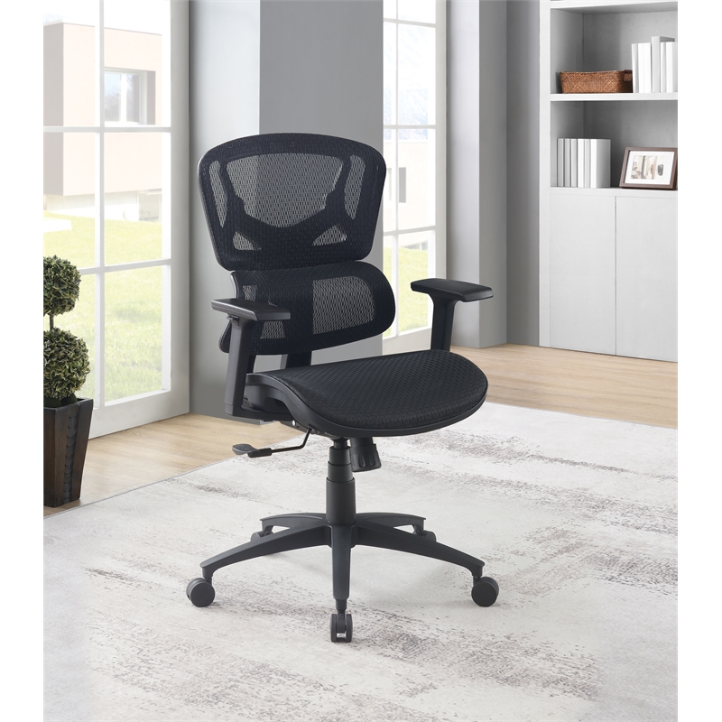 Black Mesh Back and Black Fabric Seat with Adjustable Arms on Black Nylon Base