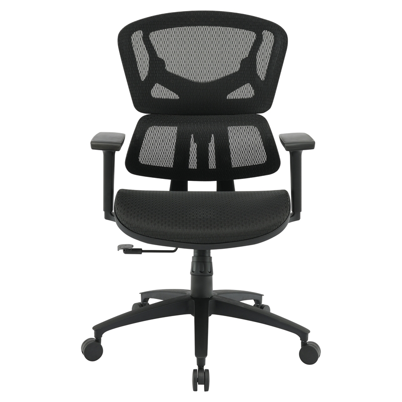 Black Mesh Back and Black Fabric Seat with Adjustable Arms on Black Nylon Base