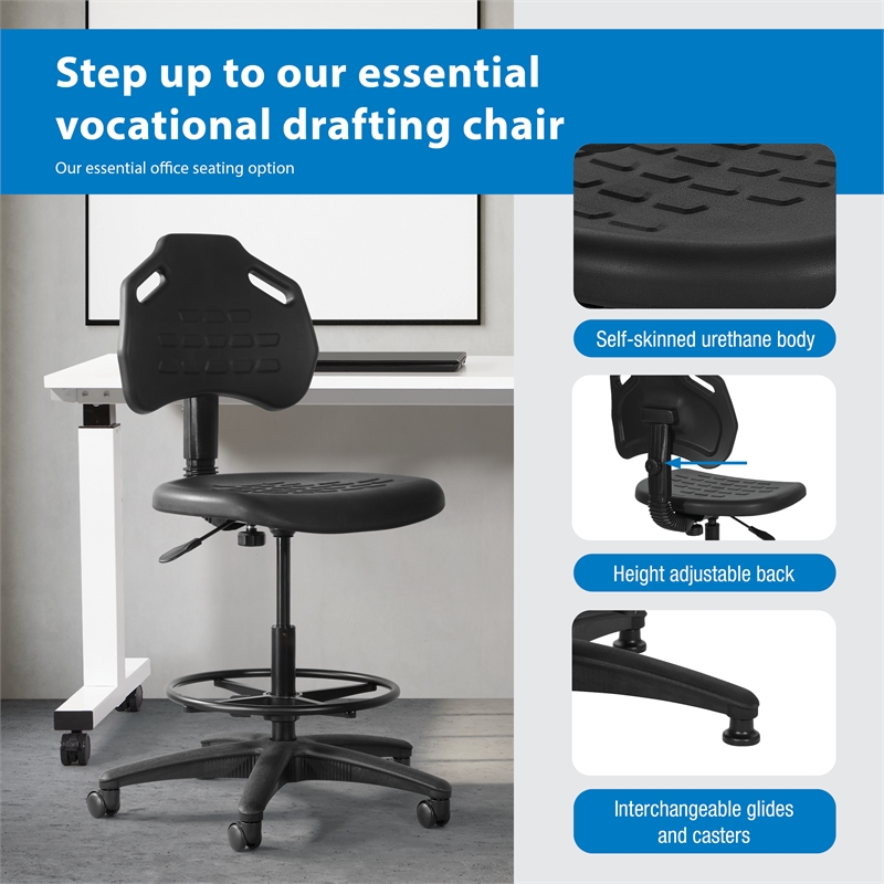 Black Self Skinned Urethane Intermediate Drafting Chair Adjustable Footrest